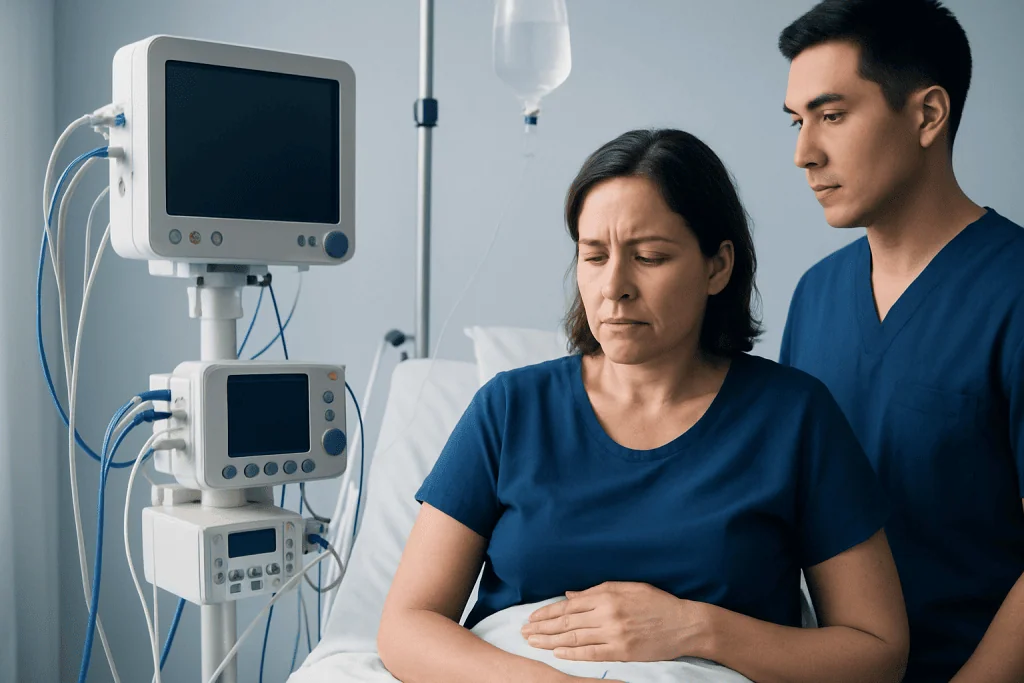 Patient experiencing nausea in hospital bed with medical monitors nearby.