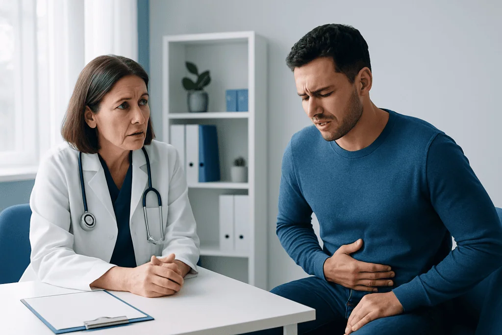 Doctor consulting with a patient about abdominal pain and health concerns.