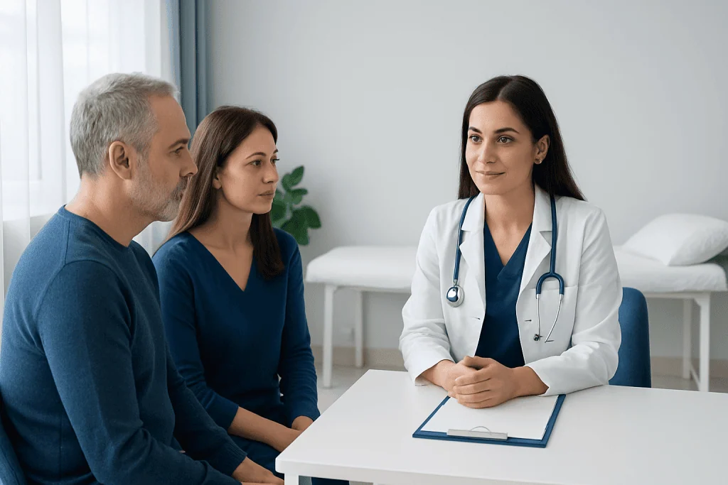 Doctor consulting with patients in a modern hospital room.