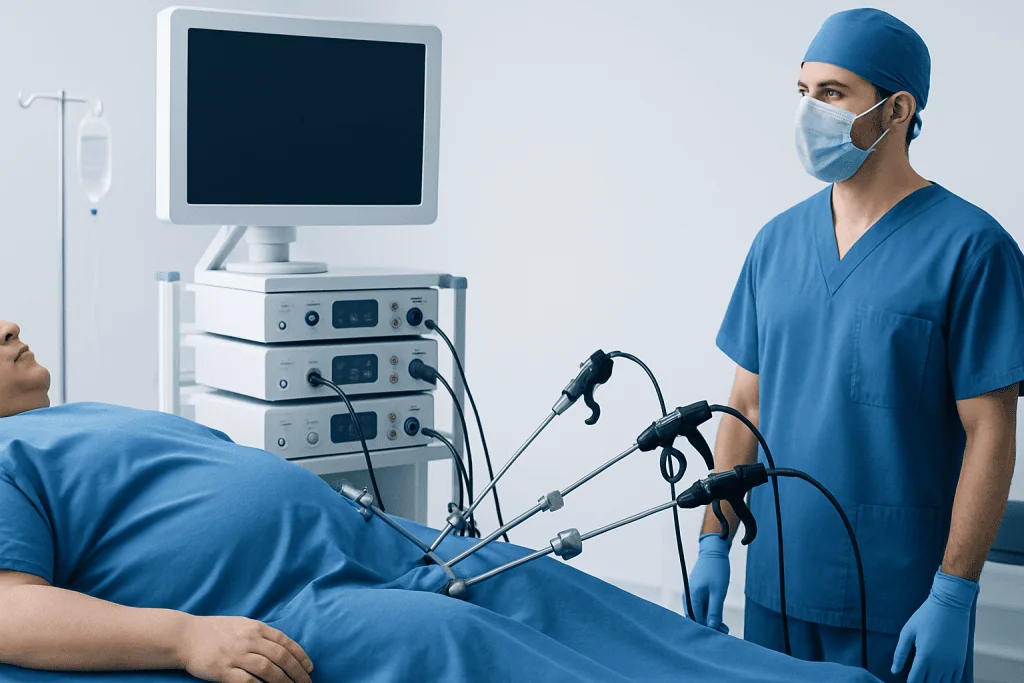 Surgeon preparing for bariatric procedure at Acibadem Hospital in Turkey.