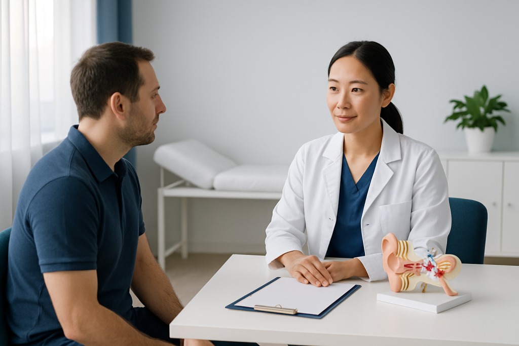 ENT specialist consulting with a patient about ear surgery at Acibadem Hospital.