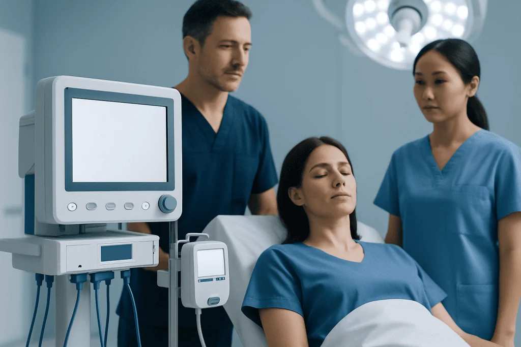 Medical team monitoring patient in hospital room with advanced equipment.