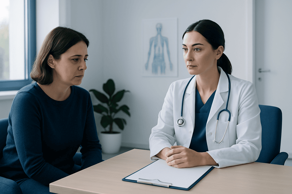 Doctor consulting a patient in a medical office with anatomical chart in background.