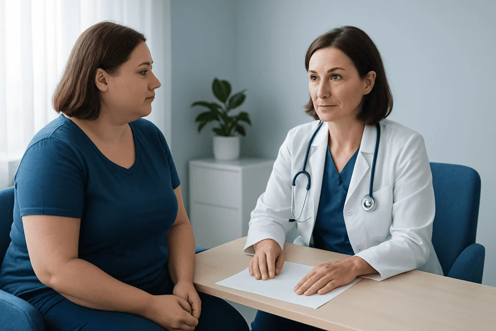 Doctor consulting with a patient about breast reduction options.