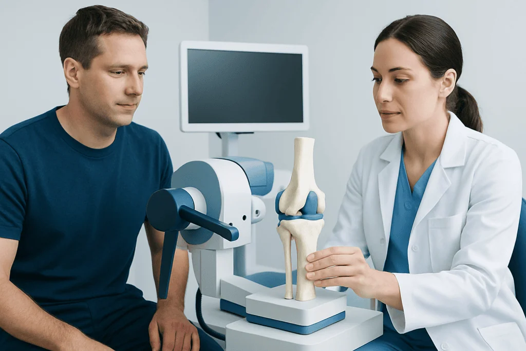 Orthopedic consultation with a doctor explaining knee joint model to a patient.