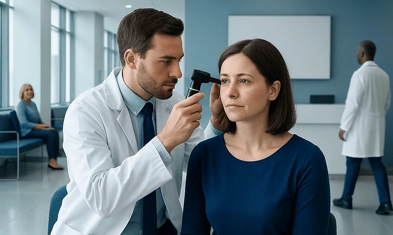 ENT doctor examining patient's ear with otoscope in clinic.