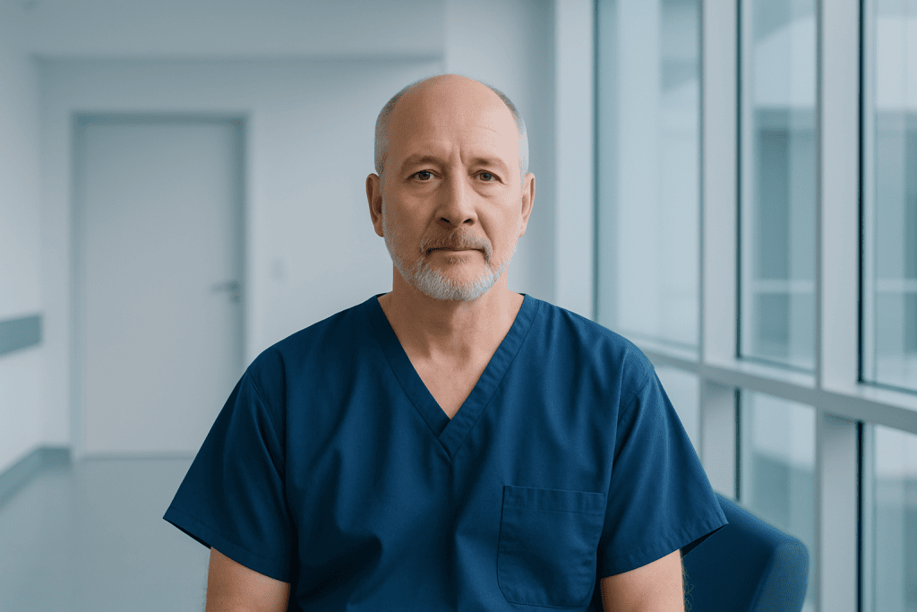 What Is Pancreatic Cancer Location? Causes & Treatment 1 Senior male doctor in blue scrubs in a modern hospital corridor.