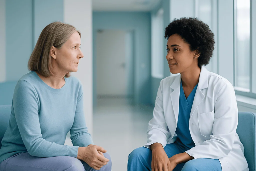 Doctor consulting with a patient in a hospital corridor.