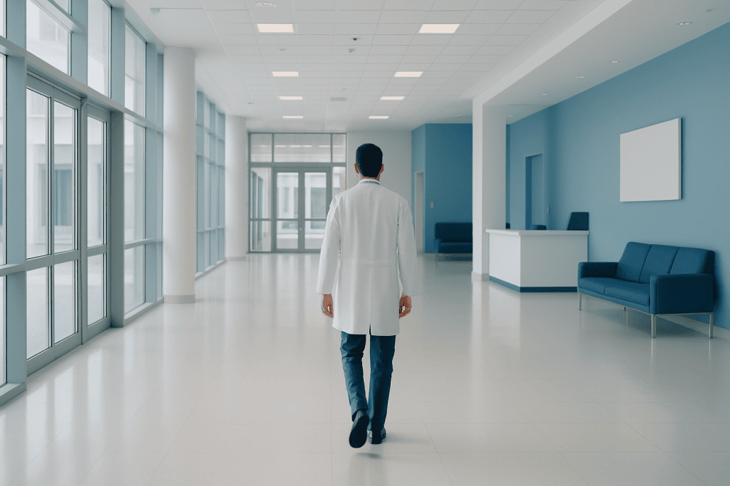 What Is Stage 4 Prostate Cancer? Stages & Treatment. 1 Doctor walking in a modern hospital corridor with blue walls and large windows.