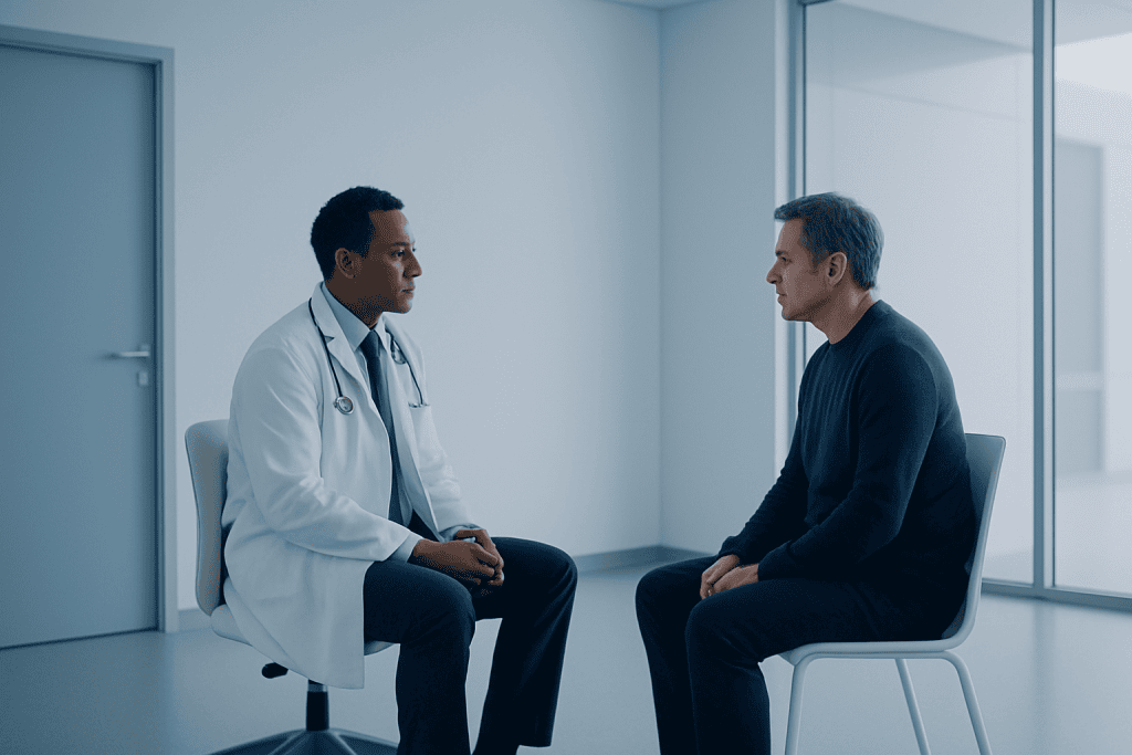 What Is Testicular Cancer? Causes, Types & Treatment 1 Doctor consulting with male patient in a modern hospital setting.