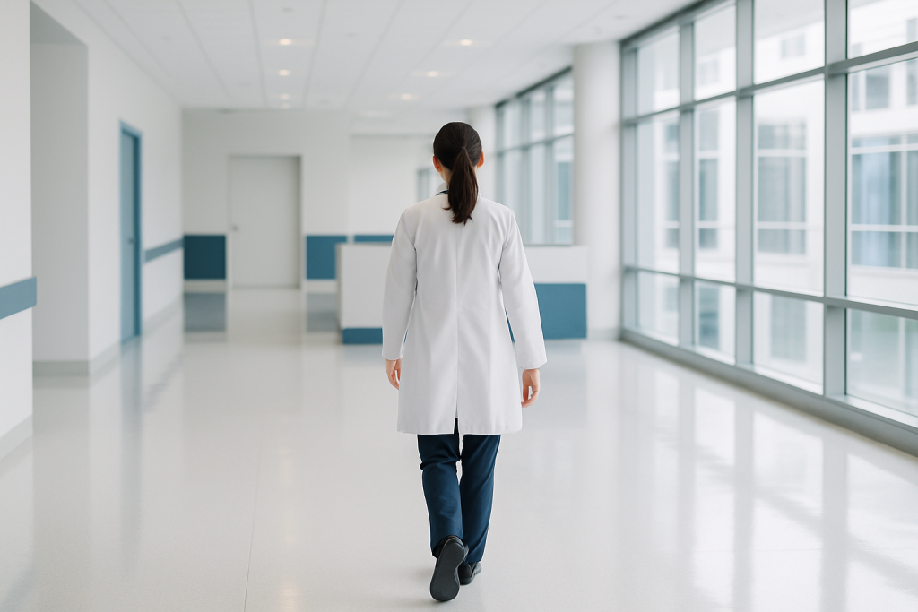 What is the Best Diet for Hashimoto’s Thyroiditis? (Gigi Hadid Tips) 1 Healthcare professional walking in a modern hospital corridor.