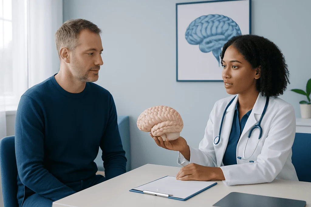 Doctor explaining brain anatomy to patient in consultation room.