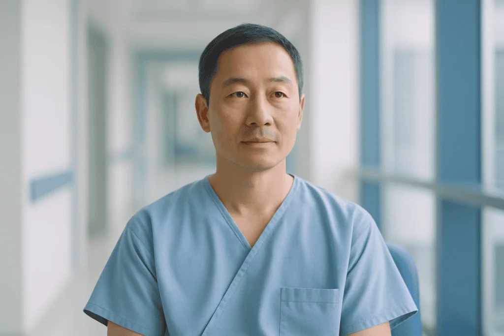 What Is the Difference Between a Cosmetic and Plastic Surgeon? 1 Male doctor in scrubs standing in hospital corridor.
