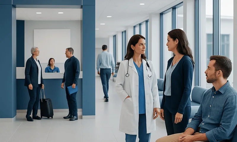 Healthcare professionals and patients in a modern hospital lobby.