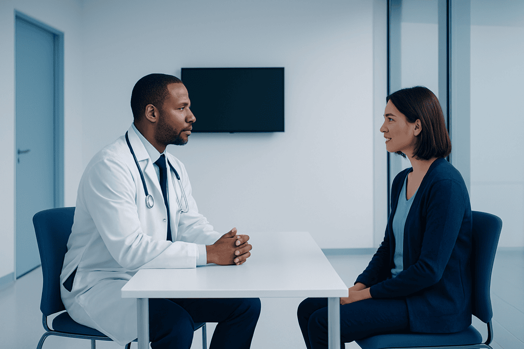 What Is The Treatment For Lung Cancer? 1 Doctor consulting with a female patient in a hospital office.