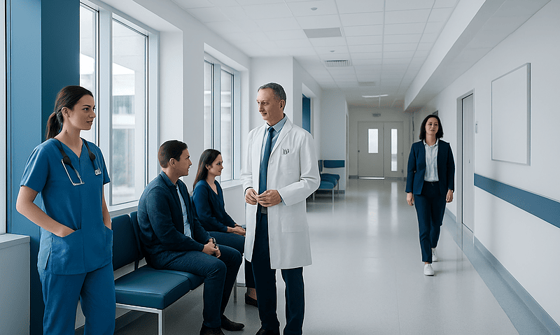 Treatment Cost in Turkey: What Affects the Final Price 5 Medical team consulting patients in a modern hospital corridor.