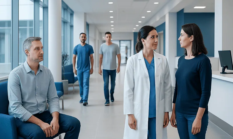 What to Expect on Procedure Day in Turkey 8 Medical professionals and patients in a modern hospital corridor in Turkey.
