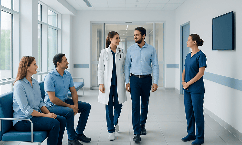 Medical Travel to Turkey: Visa, Flights, and Accommodation Guide 9 Medical team discussing patient care in a modern hospital corridor.
