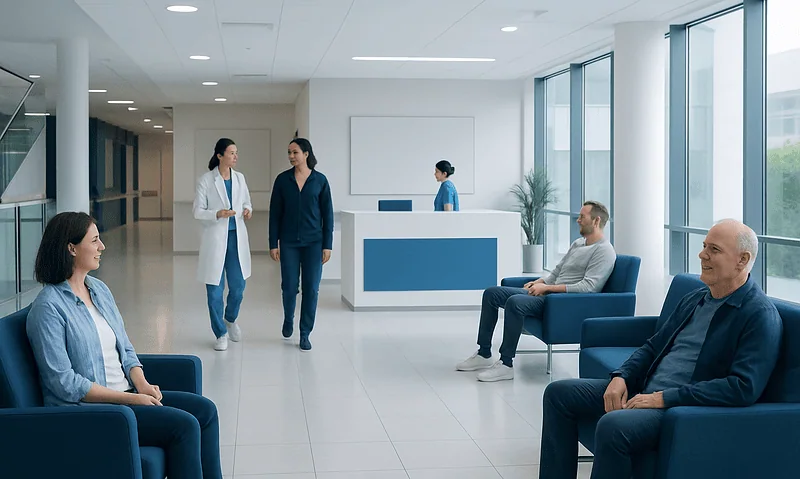 How Long to Stay in Turkey for Treatment and Recovery 12 Modern hospital waiting area with patients and staff in a bright, spacious environment.