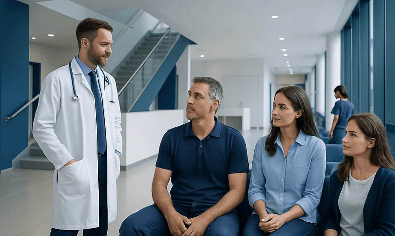 Treatment Package Inclusions for International Patients in Turkey 13 Doctor consulting with patients in a modern hospital lobby.