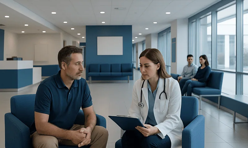 How a Treatment Plan Is Confirmed Before You Travel to Turkey 14 Doctor consulting with patient in modern hospital waiting area.