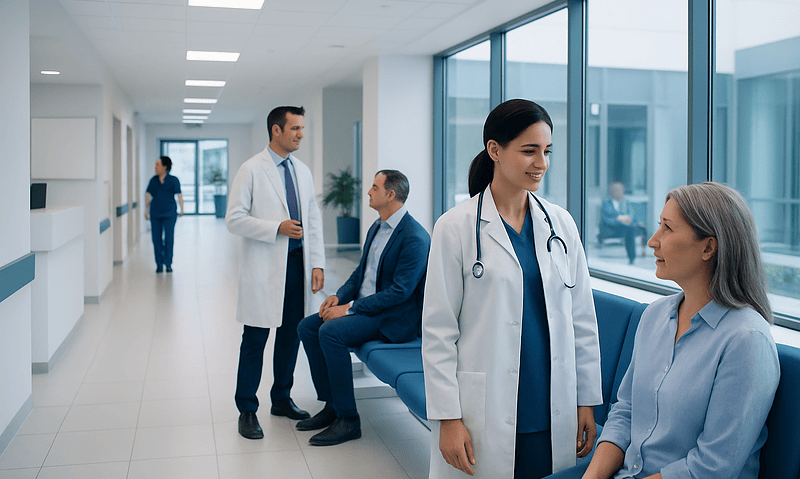 How Medical Treatment in Turkey Works for International Patients 16 Medical professionals consulting with a patient in a modern hospital corridor.