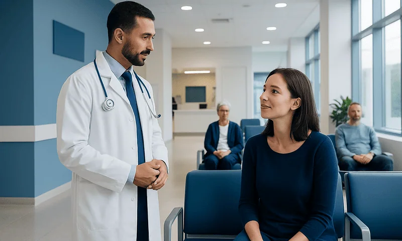 Doctor consulting a patient in a hospital waiting area with other patients nearby.