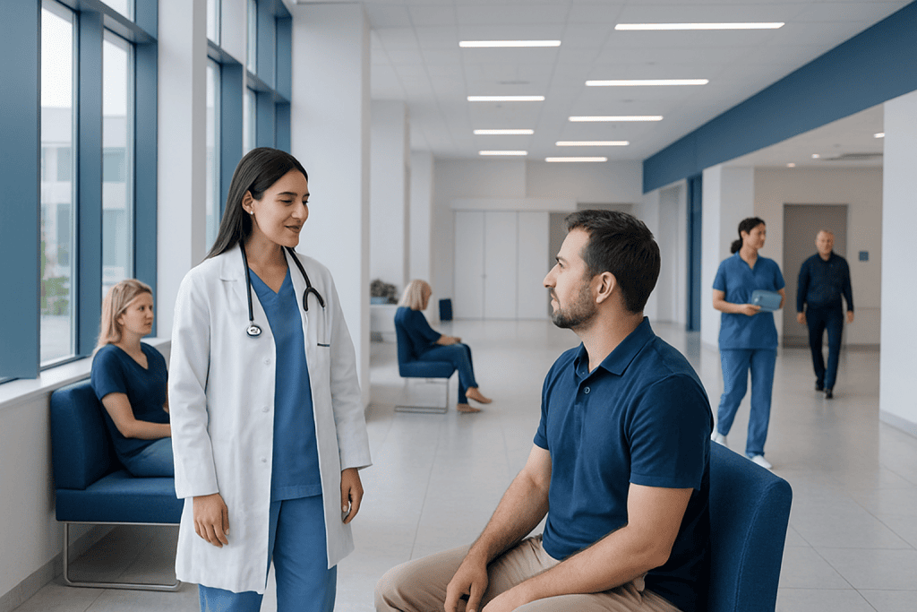 What to Expect on Your First Doctor Visit in Turkey 1 Doctor consulting with a patient in a modern hospital lobby.