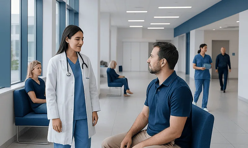 Doctor consulting with a patient in a modern hospital lobby.