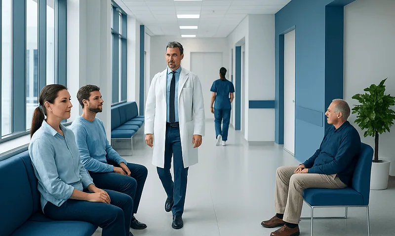 Medical consultation in a modern hospital corridor with patients and doctor.