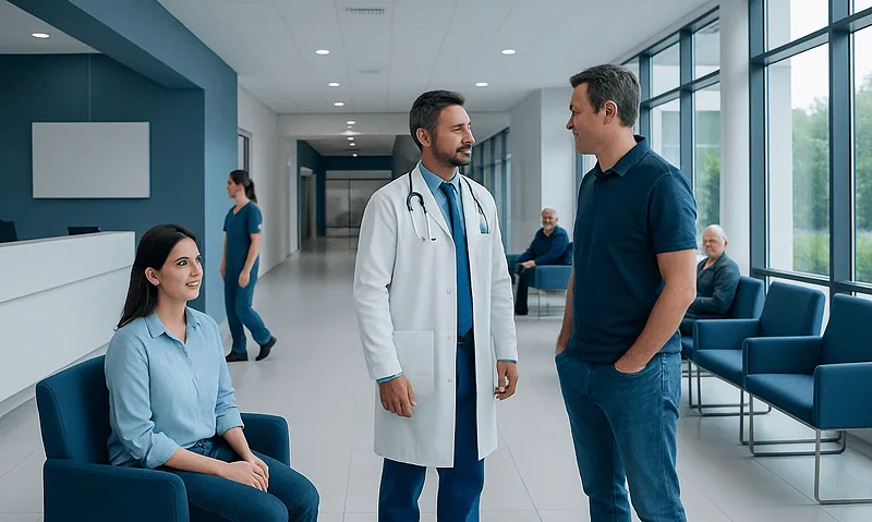 Medical consultation in a modern hospital corridor with doctors and patients.