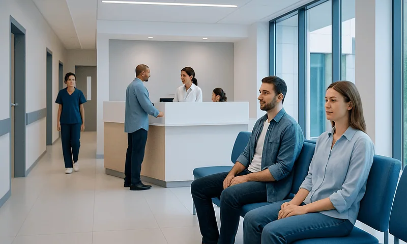 Patients waiting in a modern hospital reception area with large windows.