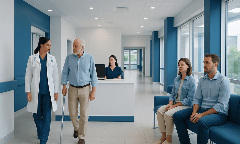 Hospital waiting area with medical staff and patients in a modern clinic.