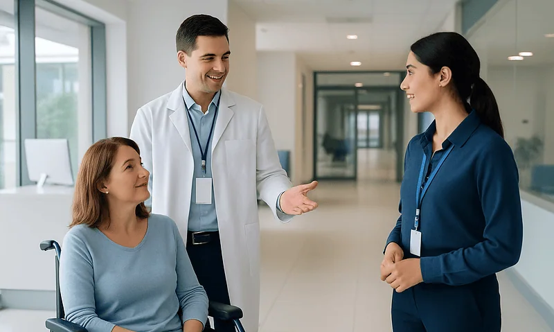 Healthcare professional speaking with a patient and interpreter in hospital corridor.