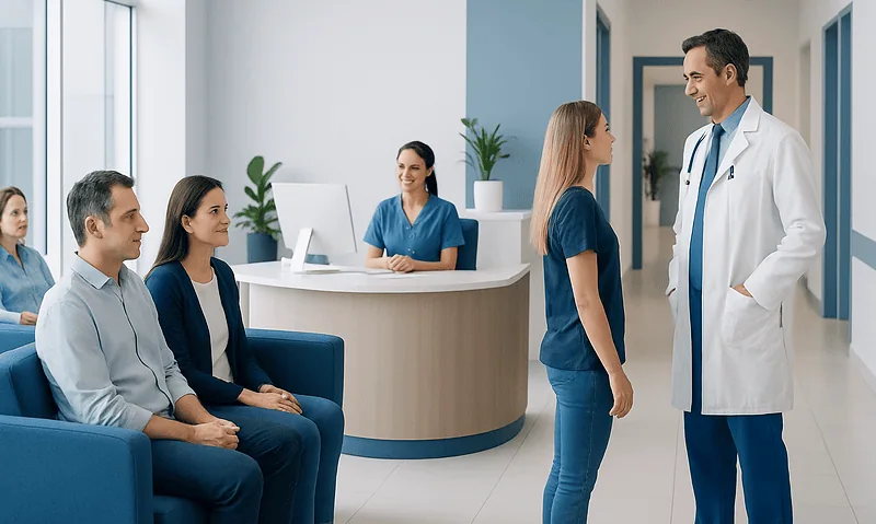 Patient consulting with doctor in hospital corridor at Acibadem Hospitals Group.