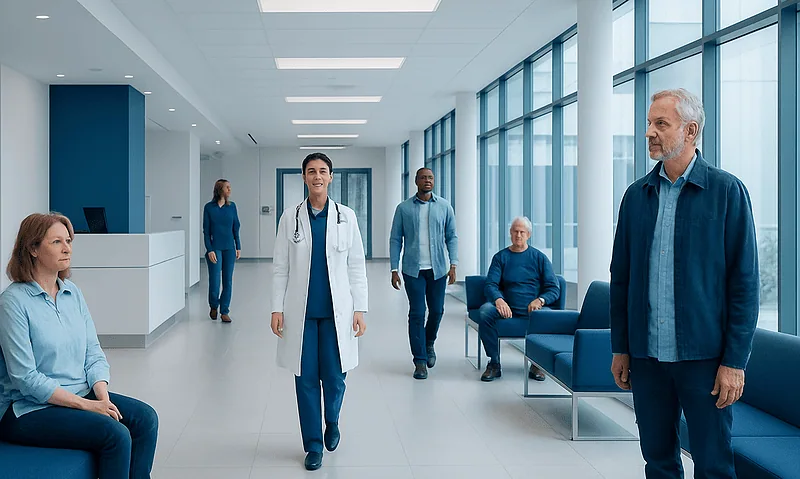 Patients and medical staff in a modern hospital waiting area.