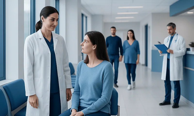 Doctor consulting a patient in a hospital corridor with medical staff in background.