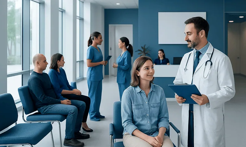 Doctor consulting with a patient in a modern hospital waiting area.