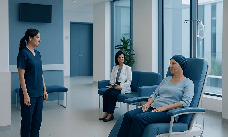 Patient receiving chemotherapy in a modern hospital room with medical staff present.