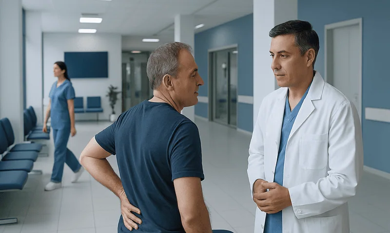 Doctor consulting with patient in hospital corridor.