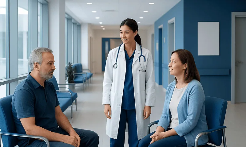 Doctor consulting with two patients in a modern hospital corridor.