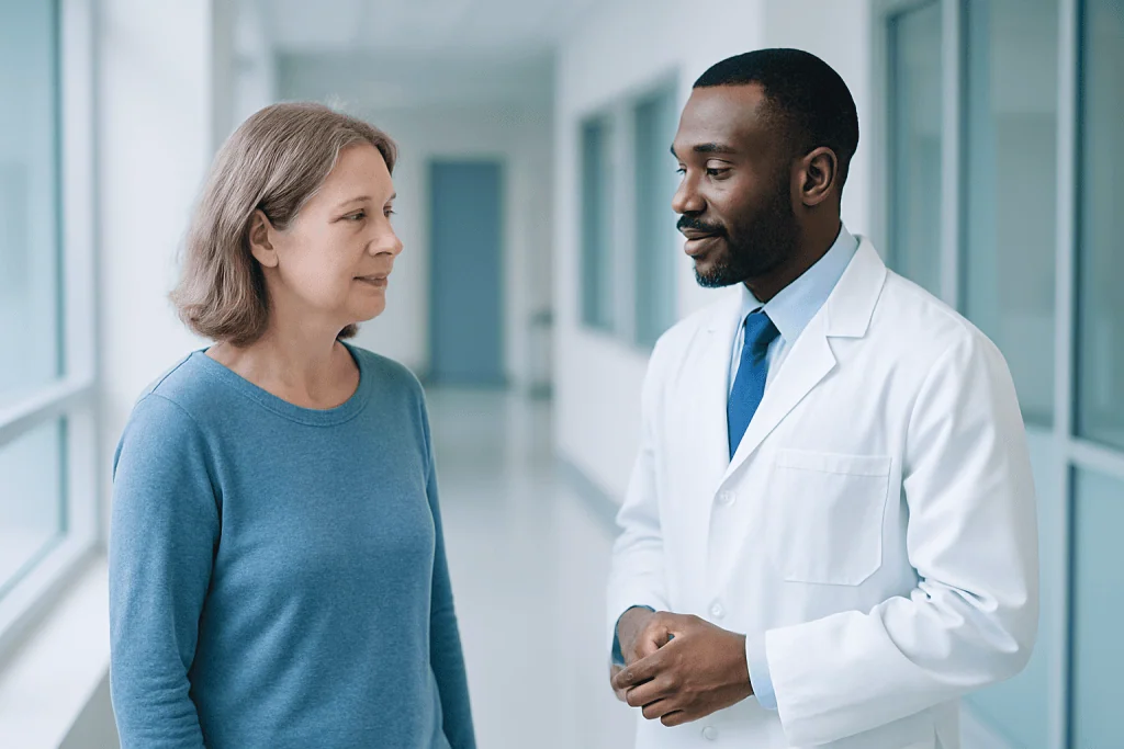 What Is Triple Negative Breast Cancer? Survival Rates. 1 Doctor consulting with a female patient in a hospital corridor.