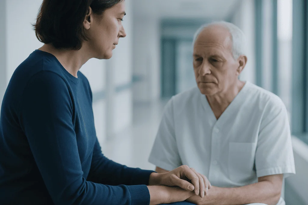 What Is Triple Positive Breast Cancer? Prognosis 1 Doctor discussing breast cancer prognosis with patient in hospital.