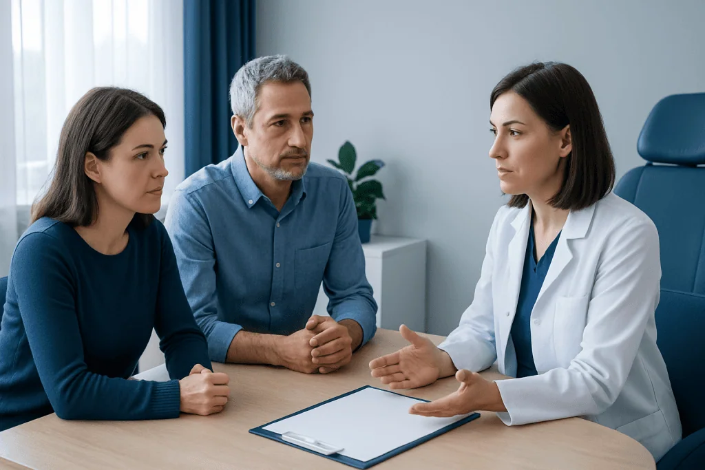 Doctor discussing treatment costs with patients in a consultation room.