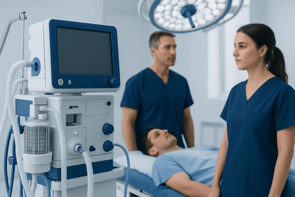 Medical professionals preparing for patient treatment in hospital operating room.