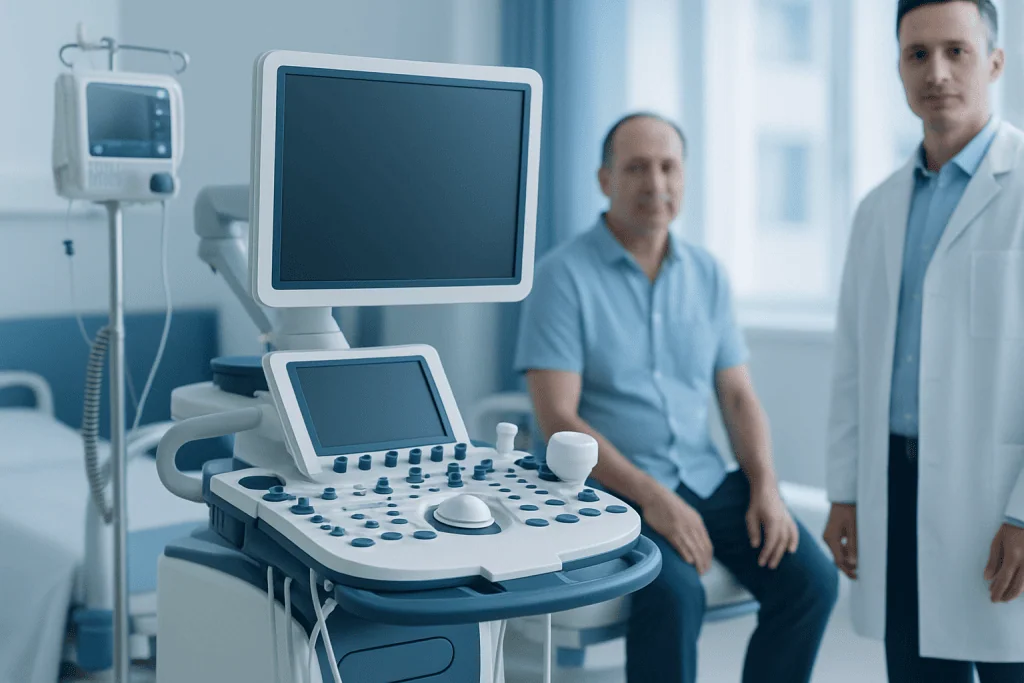 Medical examination room with ultrasound machine and doctor with patient.