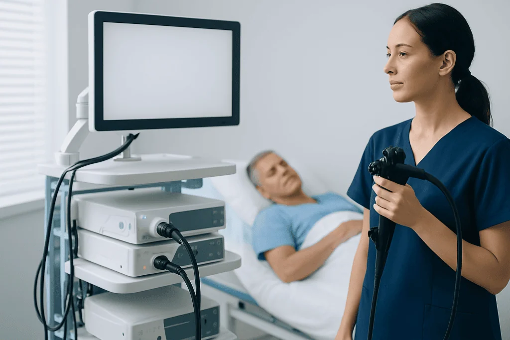 Medical professional preparing for a colonoscopy procedure in a hospital room.