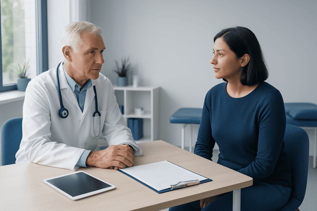 Doctor consulting with a female patient in a modern clinic setting.
