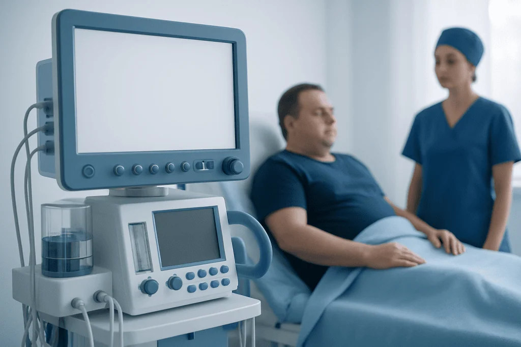 Patient in hospital bed with medical monitor and nurse in background.