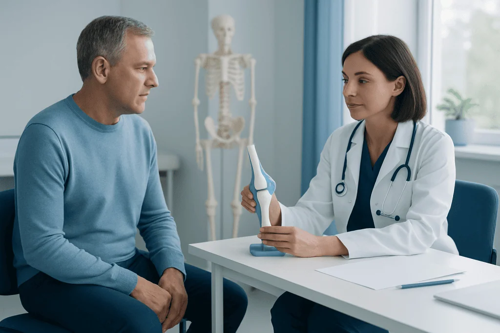 Doctor explaining orthopedic scan to patient in clinic setting.